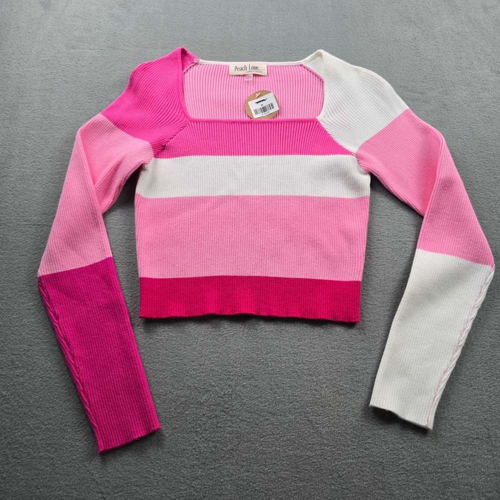 Peach Love California Womens Pink Colorblock Ribbed Square Neck Crop Sweater M
